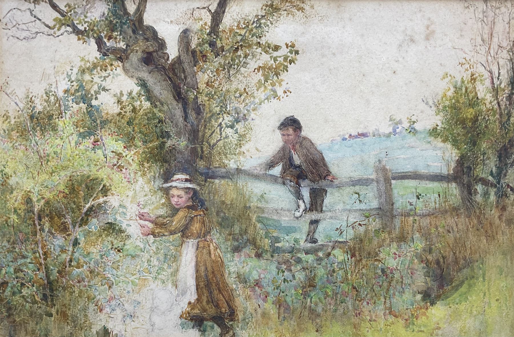 Attrib. Myles Birket Foster (Briitsh 1825-1899): Two Children Climbing a Fence, unfinished watercolour and pencil unsigned 17cm x 26cm