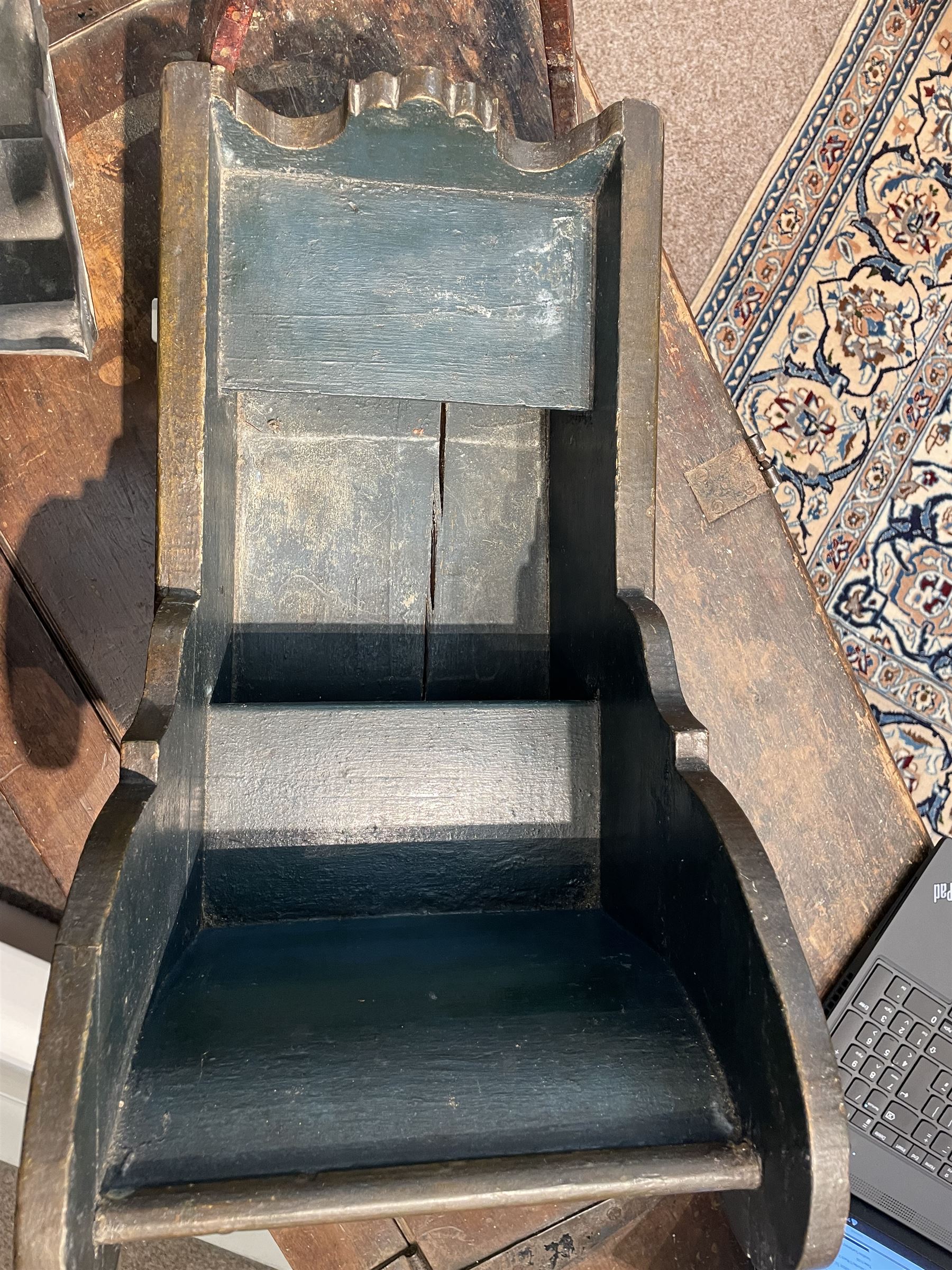 Unusual 18th century small Northern European wooden sled, with curved scroll back, the sides painted with coastal shipping scenes, the interior with removable zinc liner, upon curved irons painted with flower heads, H36cm W56cm D29cm