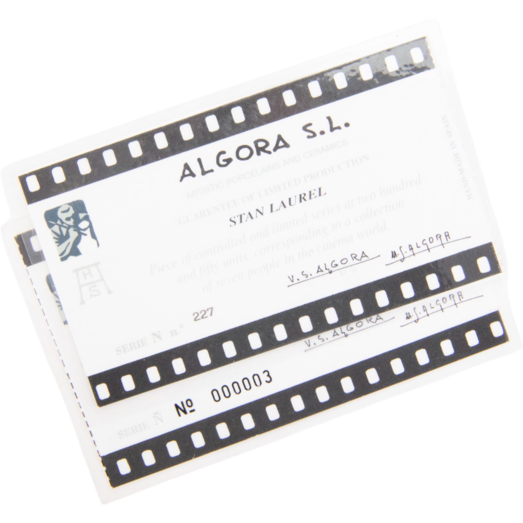 Pair of Spanish Algora Personajes Del Cine figures, modelled as Stan Laurel and Oliver Hardy, with printed marks beneath, both with certificates of authenticity, H37cm