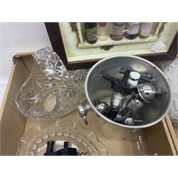 Royal Brierley crystal ships decanter, pair of Scandinavian glass beer glasses, chrome ice bucket and a collection of other glassware and barware, in three boxes 