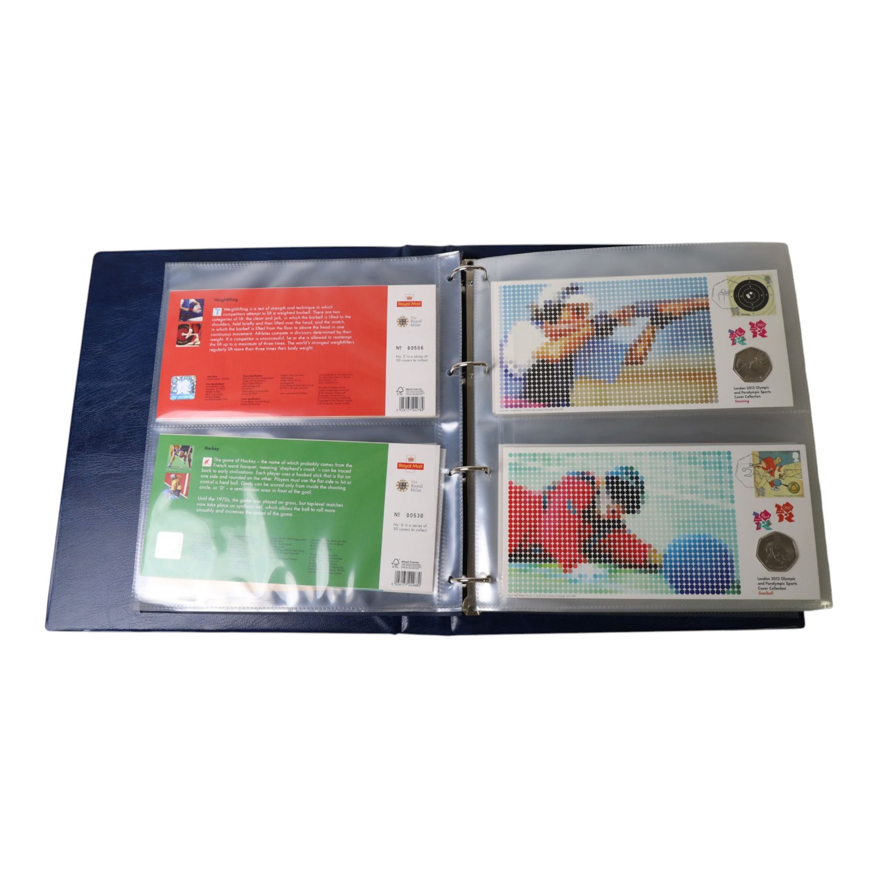 The Royal Mint and Royal Mail 'London 2012 Olympic and Paralympic Sports Cover Collection', complete collection of thirty fifty pence coin covers, housed in official Royal Mail Royal Mint ring binder folder, with the official box