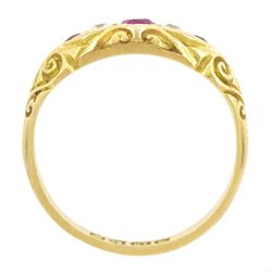 Edwardian 18ct gold five stone ruby and old cut diamond ring, Chester 1908