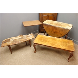  Oak barley twist drop leaf table (W91cm, H73cm, L114cm, maximum measurements), Renolds of Ludlow rustic yew wood table, medium oak corner cabinet, adjustable bed table, reproduction walnut coffee table.  