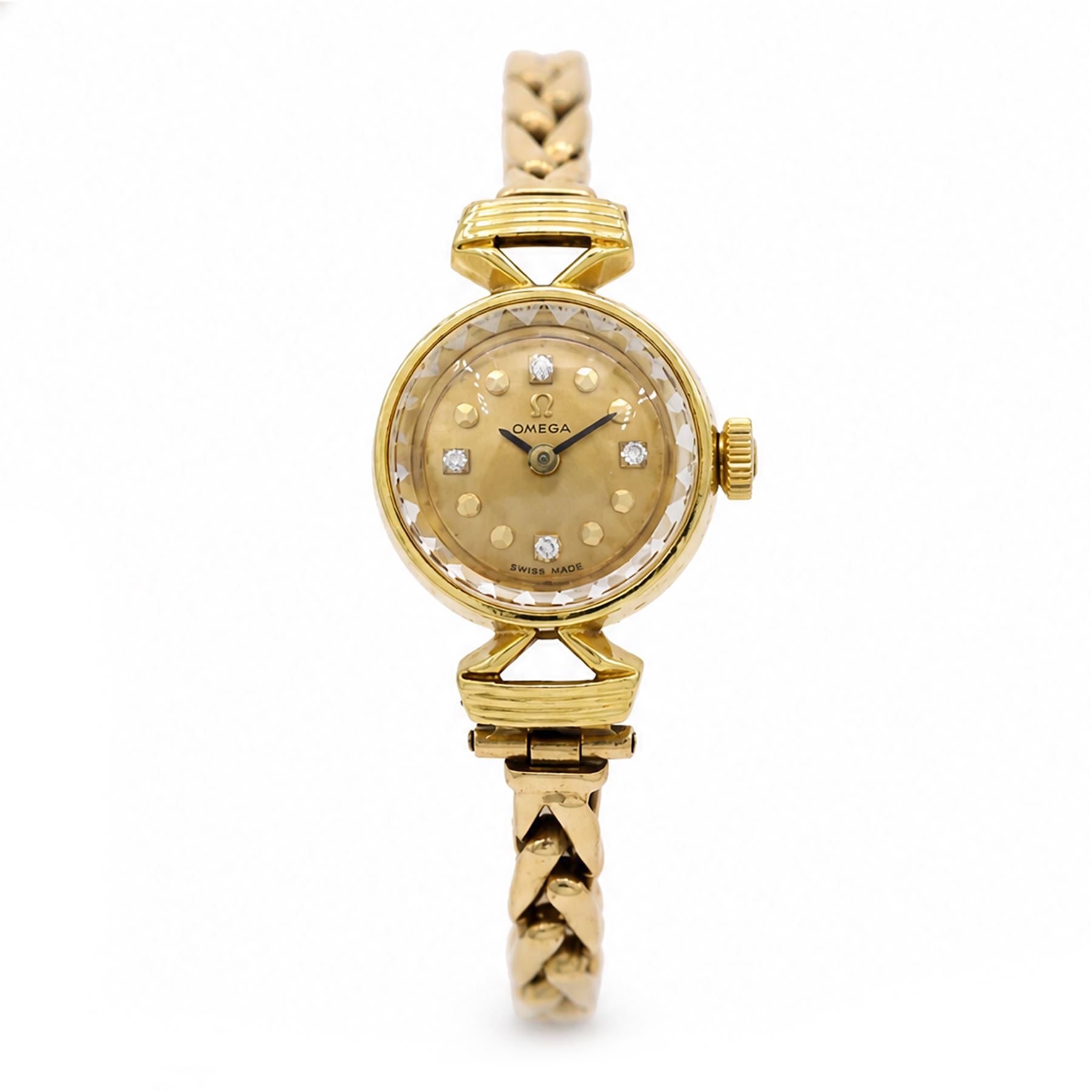 Omega ladies 18ct gold manual wind wristwatch, Cal. 483, gilt dial with diamond and dot hour markers, Helvetia hallmark, on 9ct gold bracelet, with fold-over clasp, Birmingham 1959