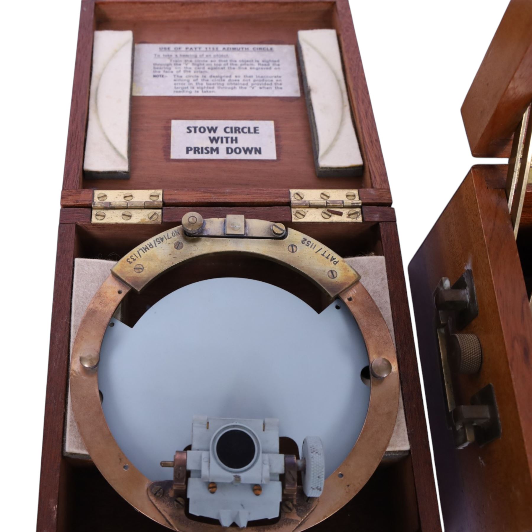 Admiralty pattern Azimuth circle, no. 1152 and a brass nautical compass on gimbal, both in wooden cases