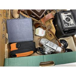 Collection of camera and equipment, to include Canon PowerShot S500, Cosmic 35, polaroid 320, etc, in two boxes  