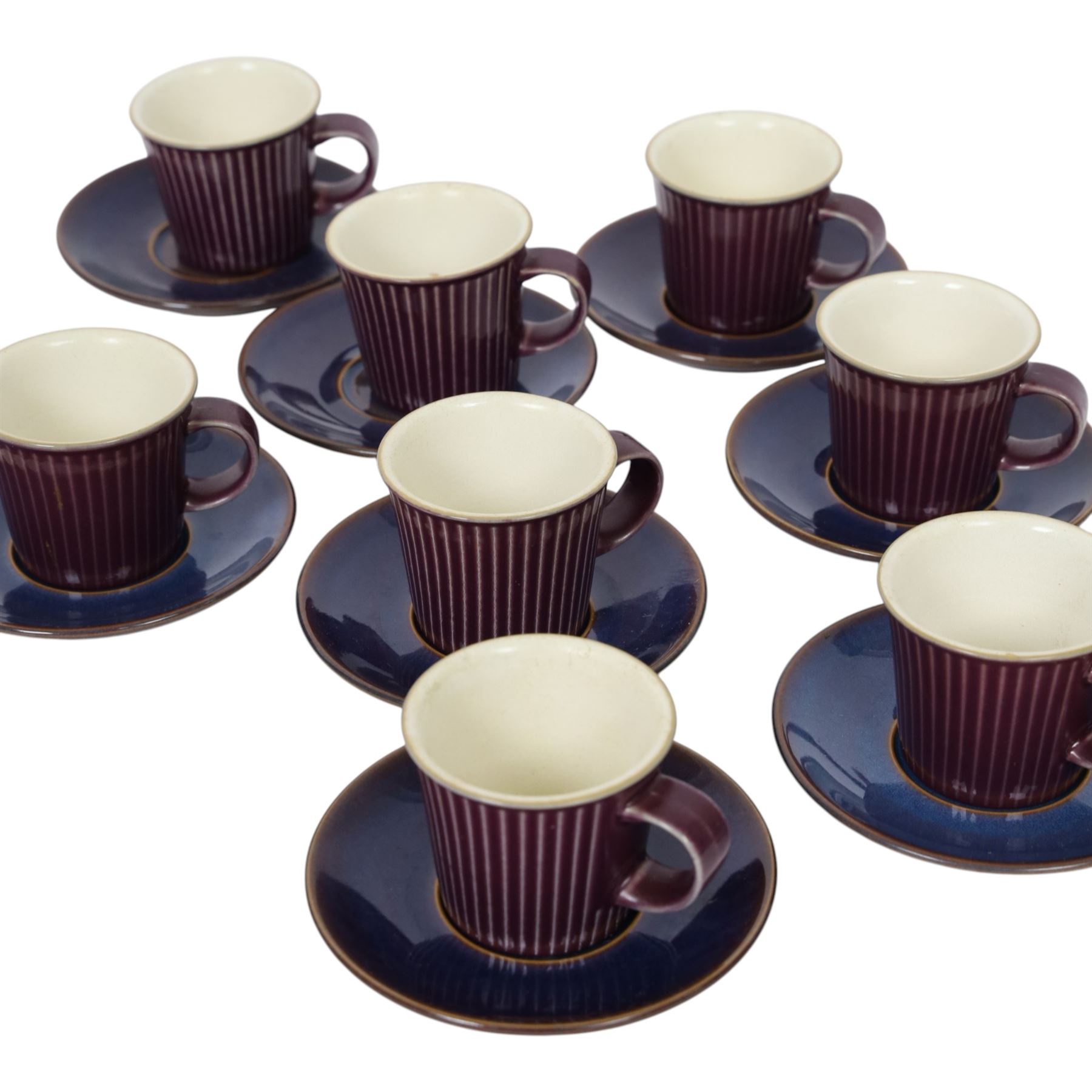 Denby Storm eight coffee cups and saucers, napkin holders and coasters , together with four jet wine glasses