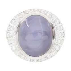 Platinum star sapphire and diamond ring by Scarab London, single cabochon cut sapphire of ...