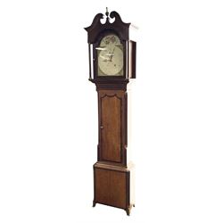 Early 19th century oak and rosewood banded longcase clock, scrolled pediment over stepped arch hood door, enamel painted dial indistinctly signed for a Penrith maker, 30-hour movement striking on bell