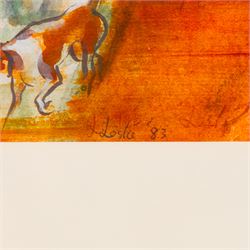 Leslie (Mid/late 20th century): The Hunt, impressionist watercolour signed and dated '83, 25cm x 32cm
Provenance; the estate of the late Mrs Godsal, Pond Street, London NW3 purchased Abbott & Holder, 30 Museum Street, London, label verso