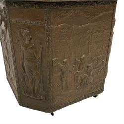Large 19th century wooden and brass repousse coal box, rectangular form with canted front, enclosed by hinged lid decorated with figural countryside scene, the front panel depicting tavern scene at the 'Scours Contre la Soif' and initialled 'Ete', the remaining panels decorated with mythical scenes, with metal lining and hinged carrying handles, on castors
