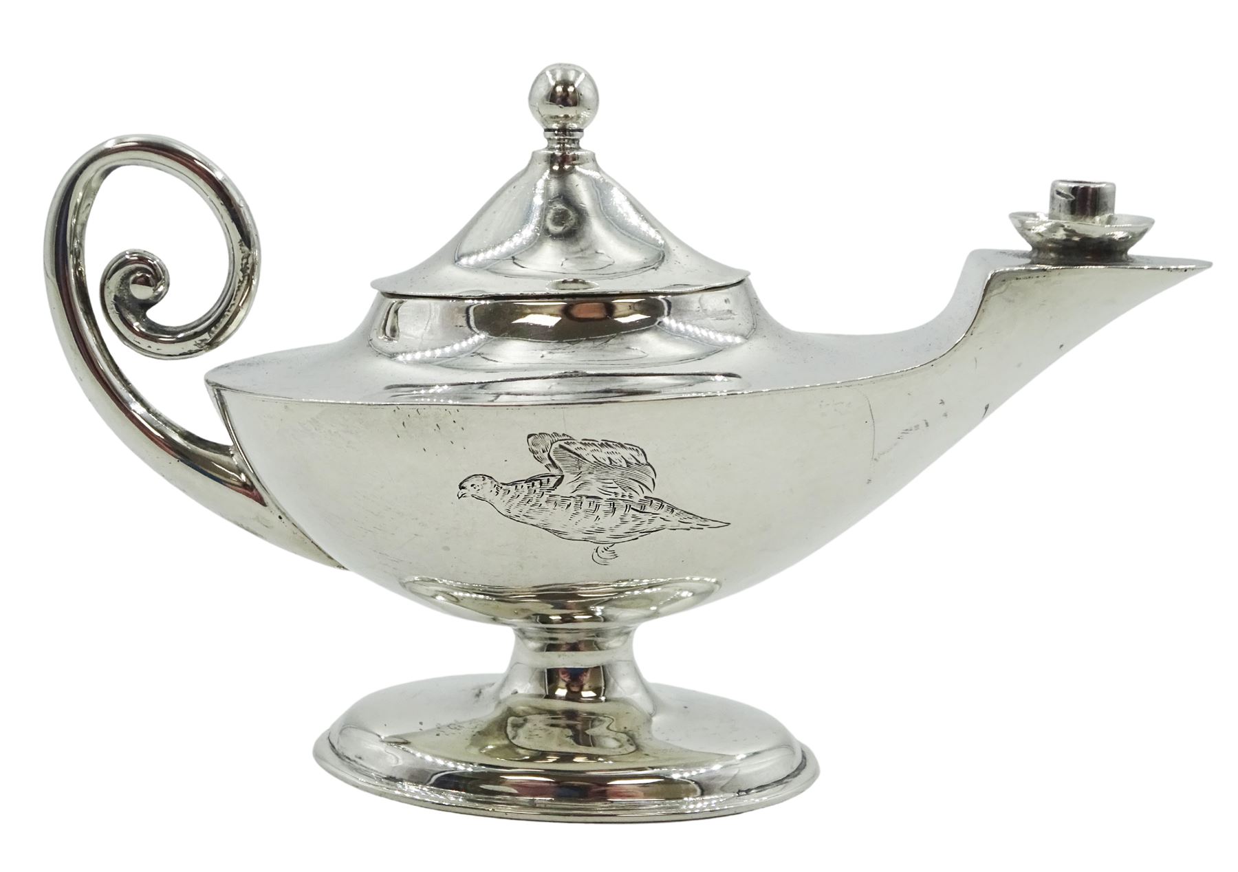 Edwardian silver novelty cigar table lighter, modelled as a Roman oil lamp, the body engraved to one side with bird in flight, hallmarked Roberts & Belk Ltd, Sheffield 1901, approximate weight 2.41 ozt (75 grams)