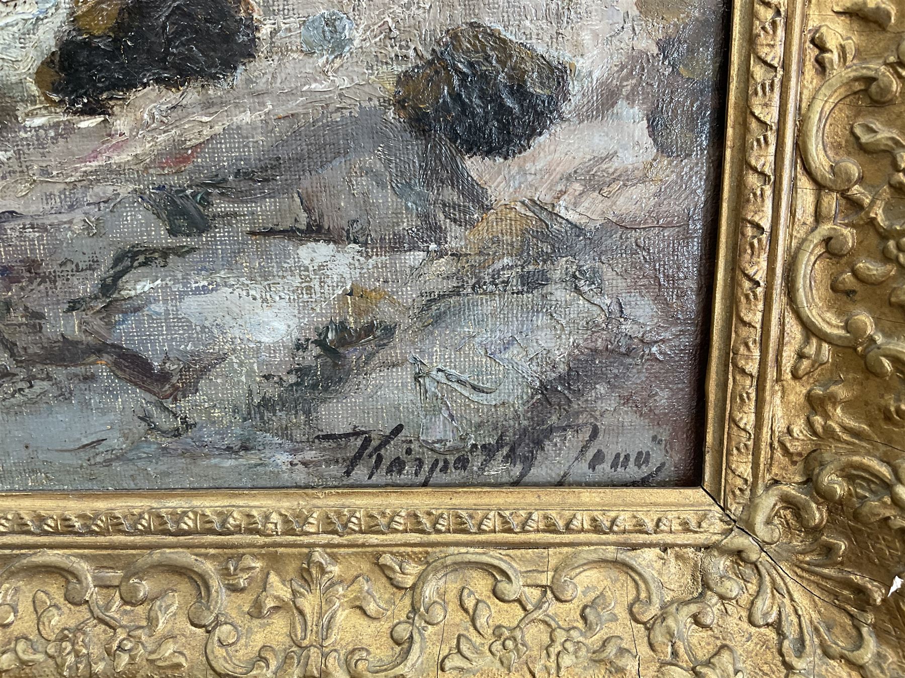 Jeno Karpathy (Hungarian 1870-1950): Waves Breaking on the Coast, oil on canvas signed 63cm x 79cm