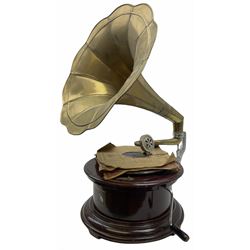 His Master's Voice table top wind up gramophone on a circular wooden base, with brass horn, H72cm, Horn D43cm. 