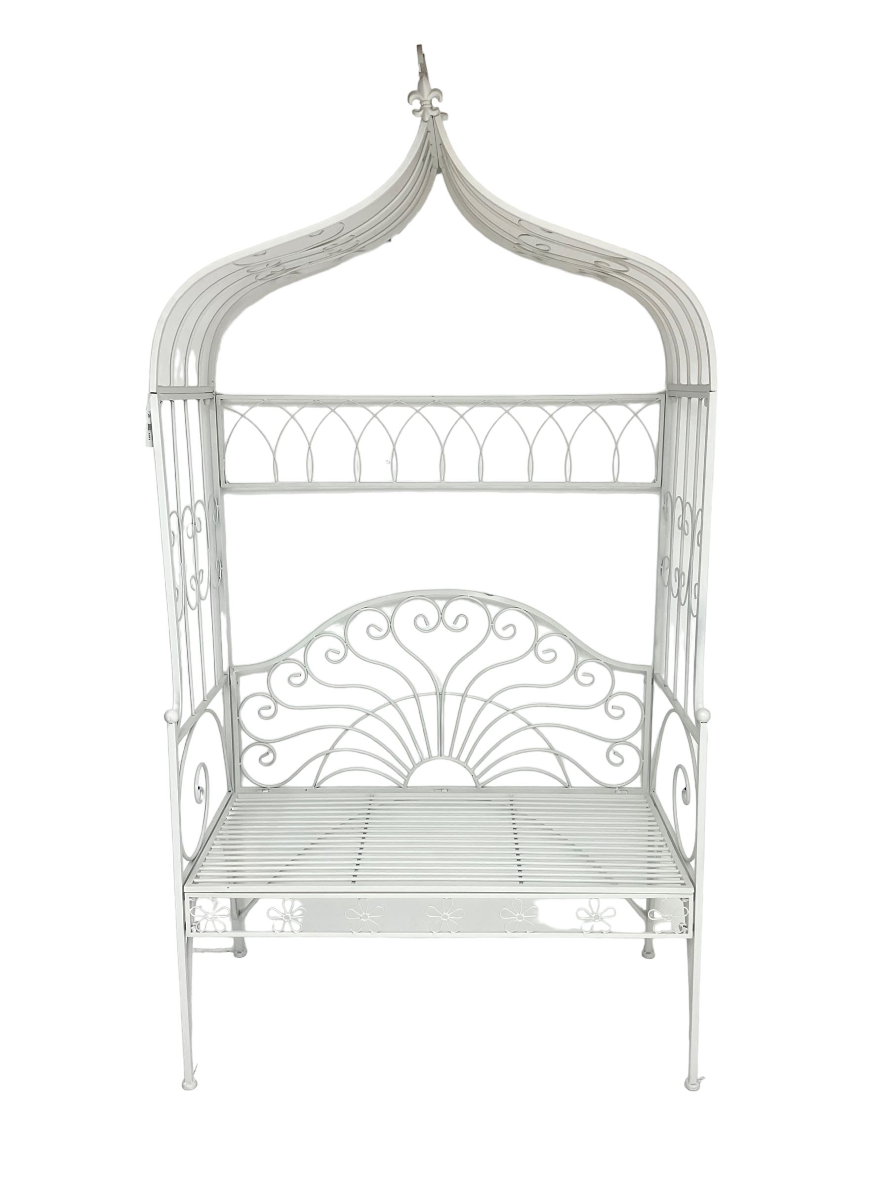 White finish wrought metal garden arbour bench, arched trellis top with scrolling design, lunette style back 