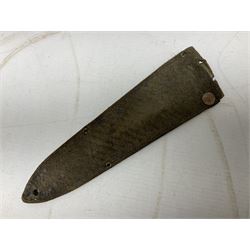 Fairburn and Sykes Commando fighting knife, 3rd pattern with 17cm double edged blade and copperised grip; no markings; in cut-down plain leather sheath L31.5cm
