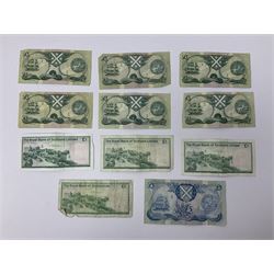 Banknotes including four Bank of England O'Brien one pound notes 'Y52J', 'T44J', 'T92J' and 'S23J', various ten shillings, two Somerset ten pounds 'CU20' and 'AW12', Page one pound notes, Bank of Scotland and other Scottish one pound notes etc
