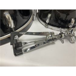 Pearl Vision SST Birch Ply shell four-piece drum kit in black comprising bass drum with foot pedal and three graduated toms; together with Pearl Custom Alloy Sensitone steel snare drum, drum and cymbal stands, microphone stand, stool and various drum sticks 