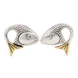 Brett Payne pair of silver and 9ct gold fish earrings, each stud set with a single silver ...