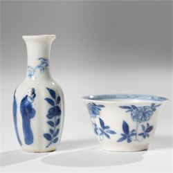 Collection of 18th century blue and white Chinese tea wares, comprising girl on swing saucer and tea bowl, boy riding buffalo tea bowl, one wine cup with foliate rim with Artemisia leaf mark to base, and similar with lotus mark to base, miniature vase, small teabowl with six character reign mark possibly Chenghua, Daoguang saucer, and others, mostly unmarked (13)