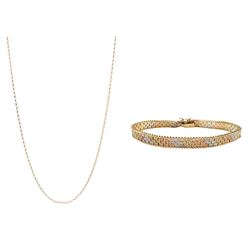 Rose, yellow and white gold bracelet and a gold necklace, both hallmarked 9ct, approx 14.5gm