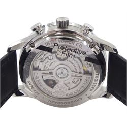 IWC (International Watch Company) Portugieser gentleman's stainless steel automatic chronograph wristwatch, Ref. IW371609, black dial with subsidiary dials at 12 and 6 o'clock for continuous seconds and 30 minute recording, on original black leather strap, boxed with warranty card dated 05.12.2023