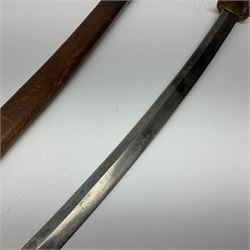 WW2 Japanese Army officer's shin gunto/katana sword with 67cm steel single edged blade, foliate cast brass tsuba, bound fish-skin grip with brass mounts, inscribed and painted marks to tang; in lacquered wooden scabbard with leather combat covering bearing four character marks L99cm overall