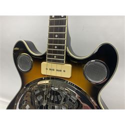 Eastwood of Canada Delta 4 electric four-string tenor resonator guitar with tobacco sunburst finish, serial no.1703437 L100cm; in original soft carrying case