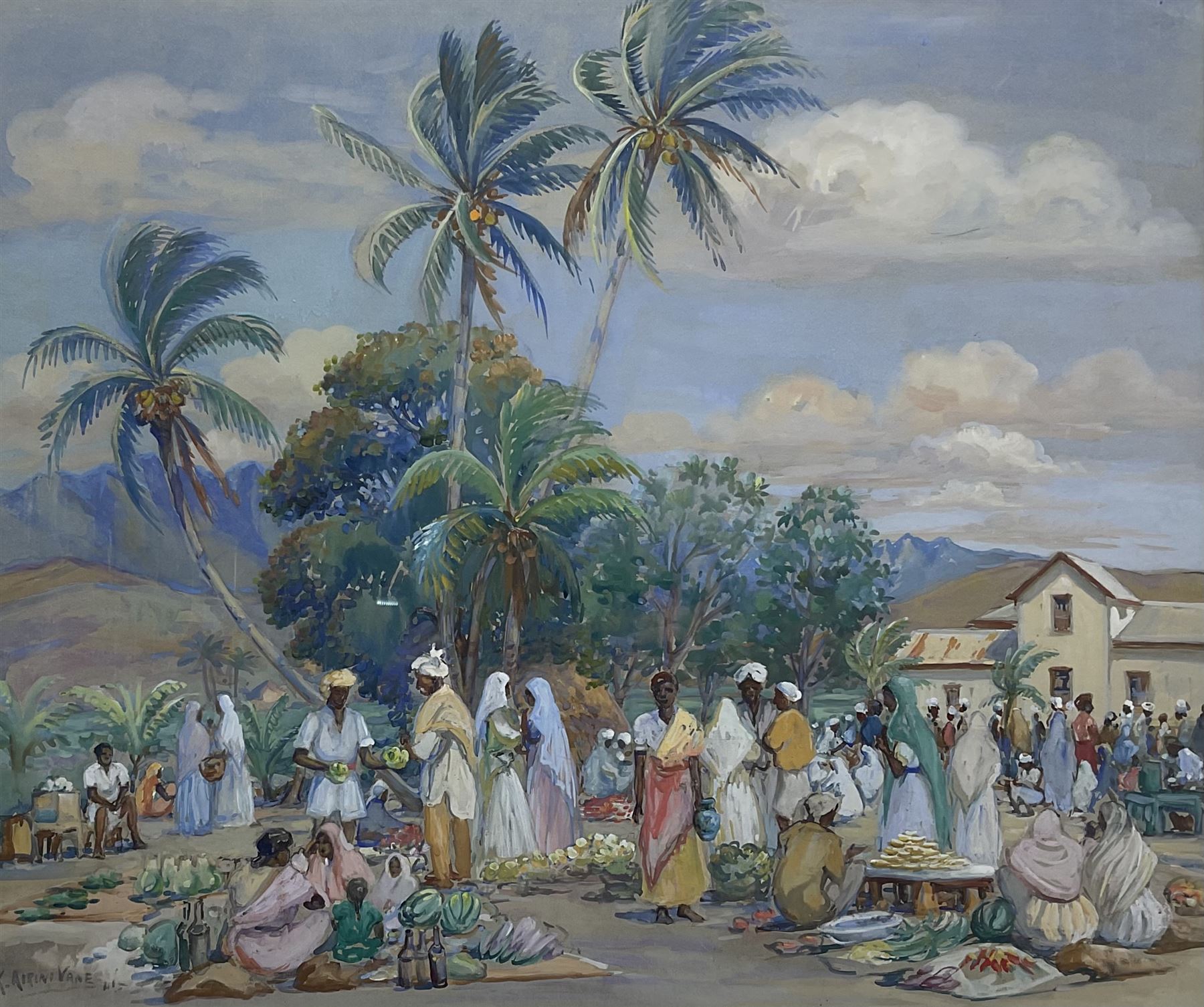 Hon. Mrs Kathleen Airini Vane (New Zealand 1891-1965): Ceylon Market, watercolour and gouache signed and dated '41, 54cm x 64cm 
Notes: 'Kitty' (née Mair), married Hon. Captain Ralph Vane, third son of Lord and Lady Barnard of Raby Castle, Yorkshire 
