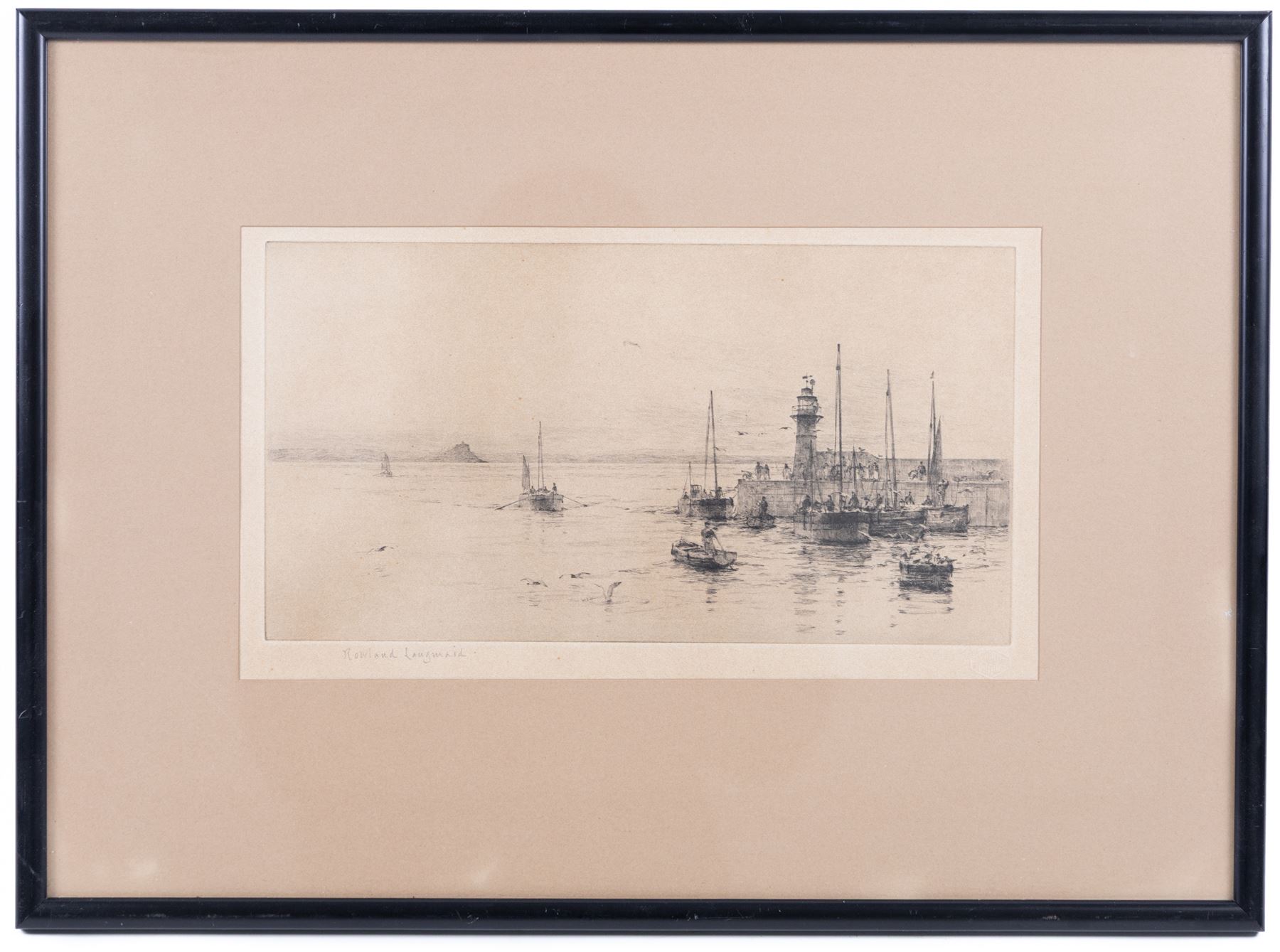 Rowland Langmaid (British 1897-1956): Newlyn and St Michael's Mount, etching signed in pencil 16cm x 30cm; Frank Henry Mason (Staithes Group 1875-1965):  Surrender of the German Fleet, etching 17.5cm x 35cm (2)
Notes: Original signature removed and wrongly attributed.
