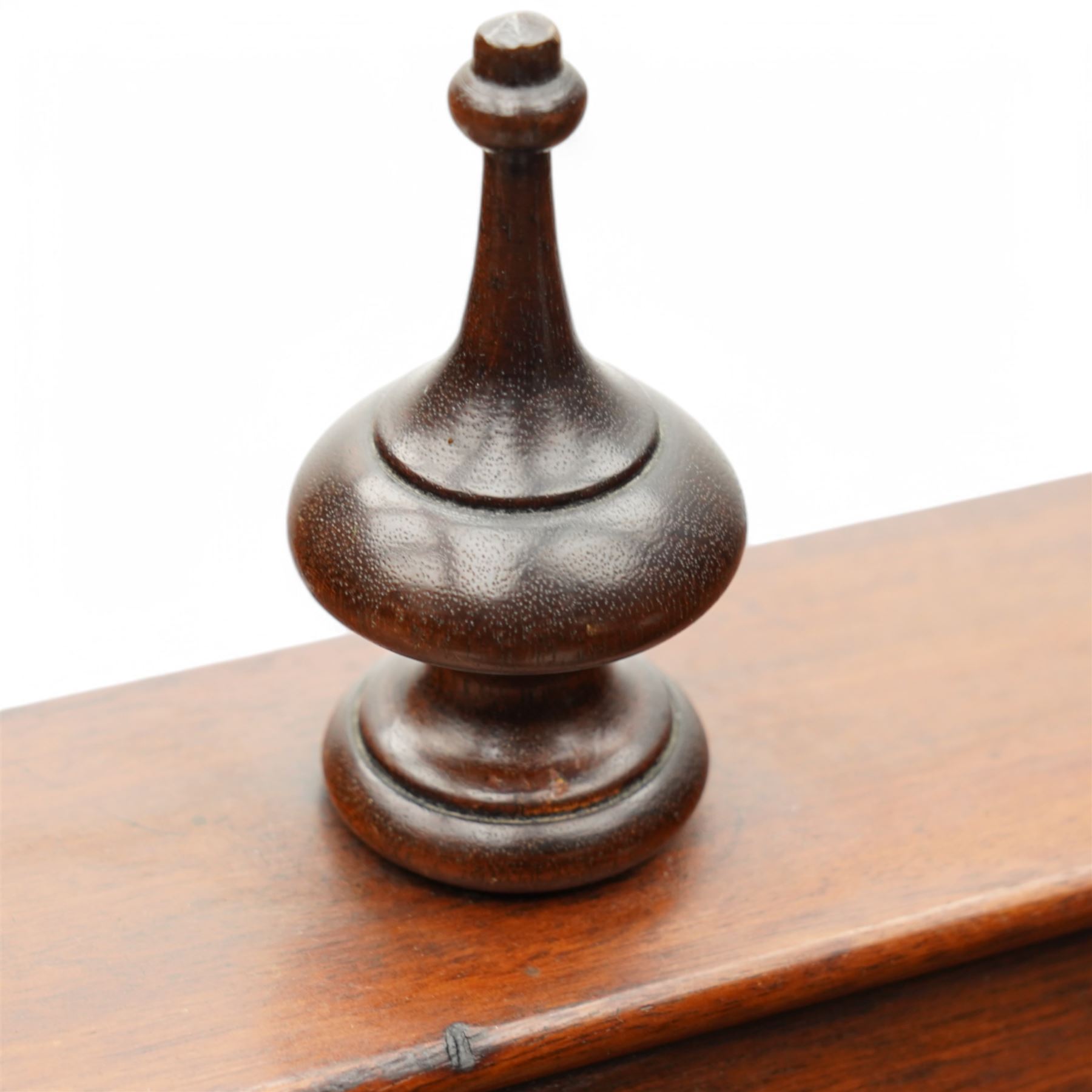 Mahogany duet music stand, twin sloped book rests on telescopic extending stem, on ring and baluster turned pedestal, shaped platform on compressed bun feet