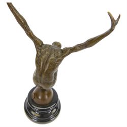 Bronze figure, modelled as a diver with hands raised upon a stepped circular base, H28cm