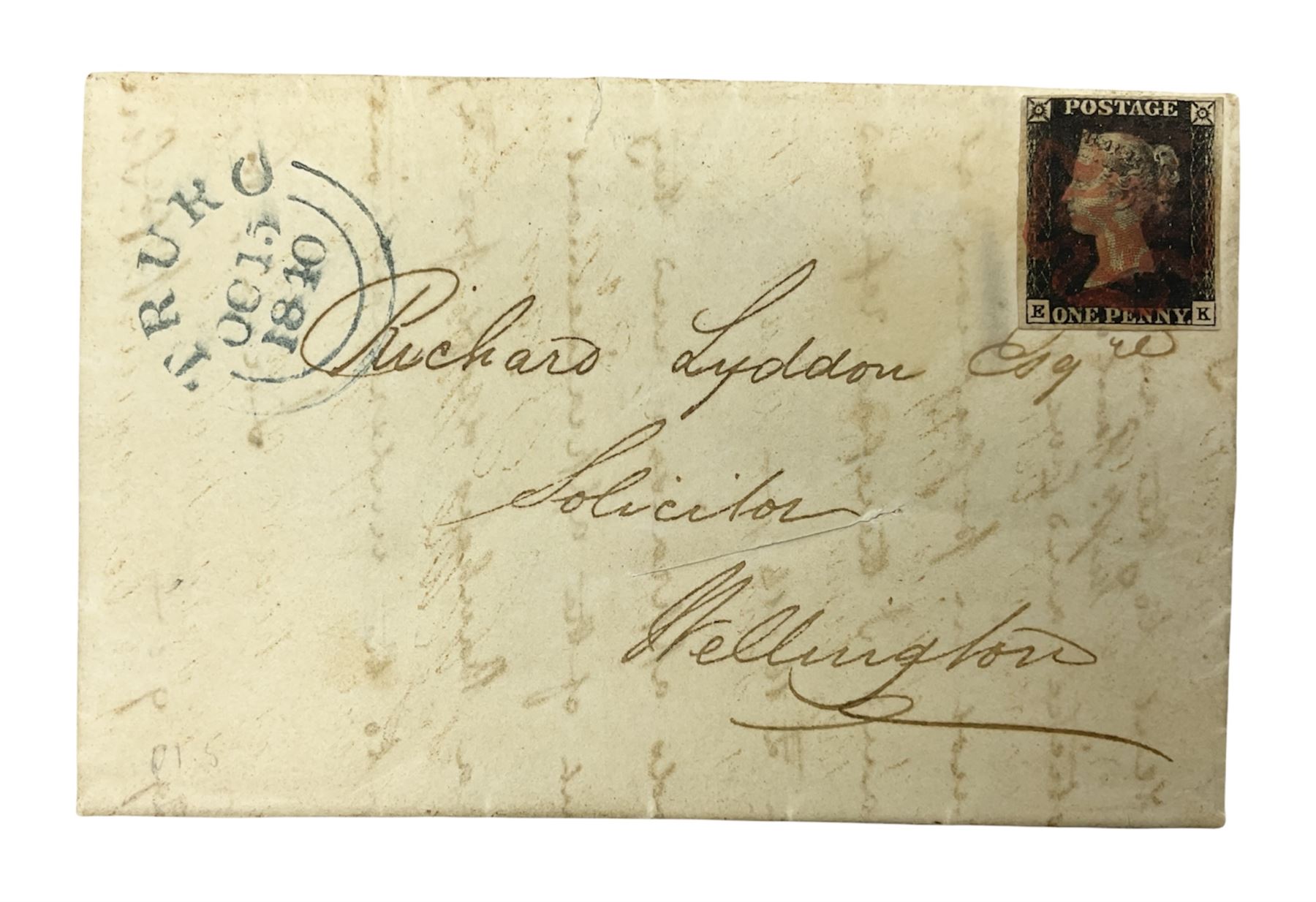 Queen Victoria penny black stamp on letter, red MX cancel