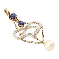 Early 20th century 15ct gold and platinum sapphire, pearl and diamond pendant, single white / cream pearl, suspending from two intertwined snakes set with rose cut diamonds, to a heart cut and an oval cut sapphire top