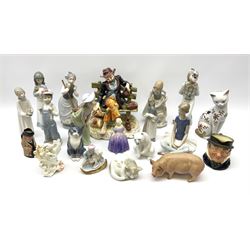 Group of assorted figures, to include Royal Doulton Marie HN1370, Royal Copenhagen model of a cat, eight Lladro figures, Aynsley model of a pig, figure of a tramp upon a bench marked beneath Capodimonte, etc. 