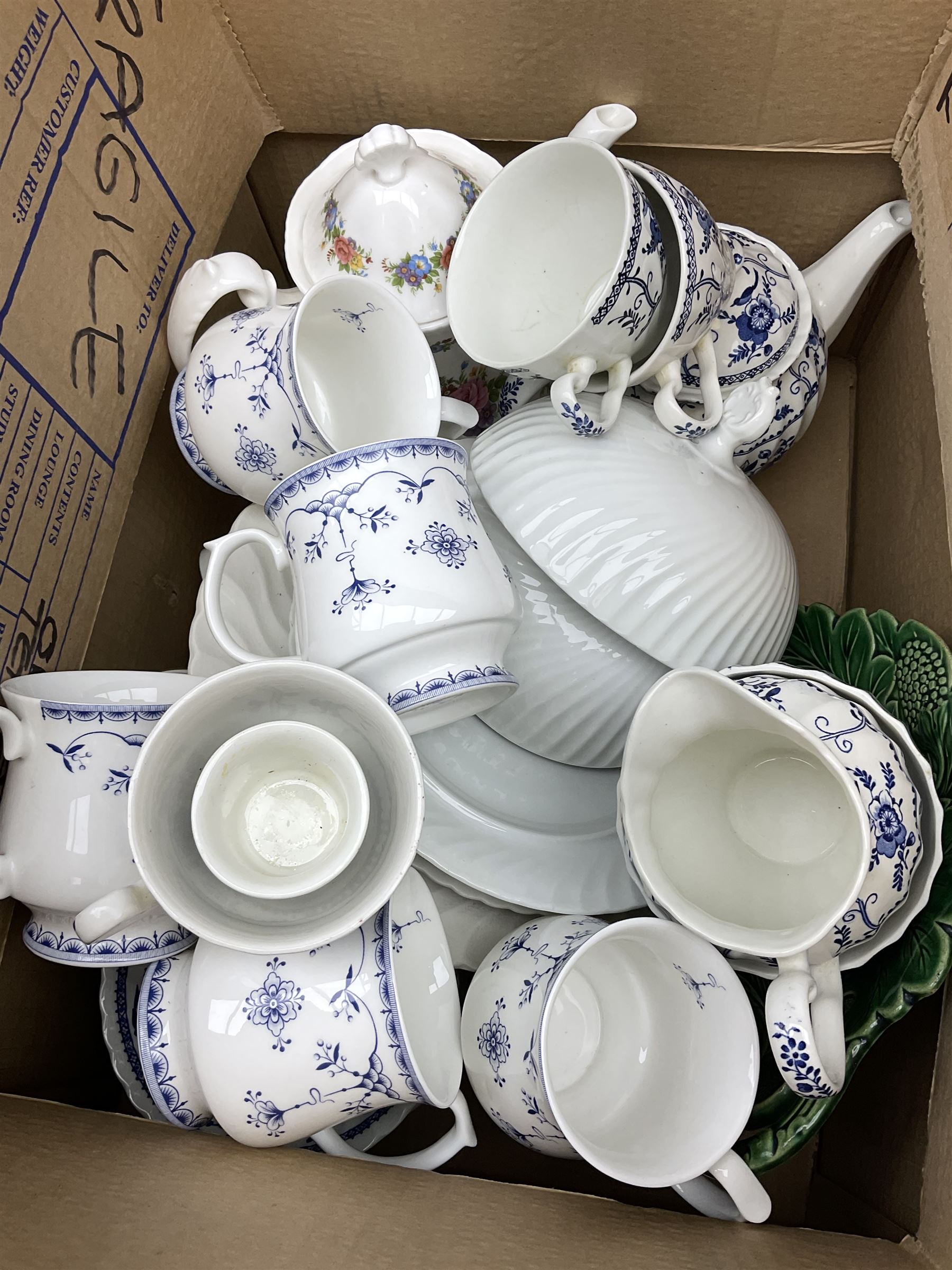 Capodimonte roses wall hanging, Victoria ceramics candle sticks, cake stand, flatware etc two boxes.  