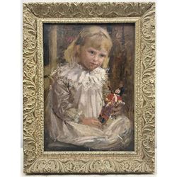 English School (Early 20th century): Young Girl holding a Doll, oil on canvas 37cm x 24cm