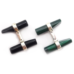  Pair of silver onyx and malachite cufflinks, stamped 925  