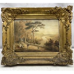 Attrib. Thomas Miles Richardson II (British 1813-1890): Path Over the Grasslands, watercolour unsigned 23cm x 33cm; English School (Mid 19th century): Picnic Beside the River, watercolour faintly signed with monogram 'WA', 21cm x 29cm (2)