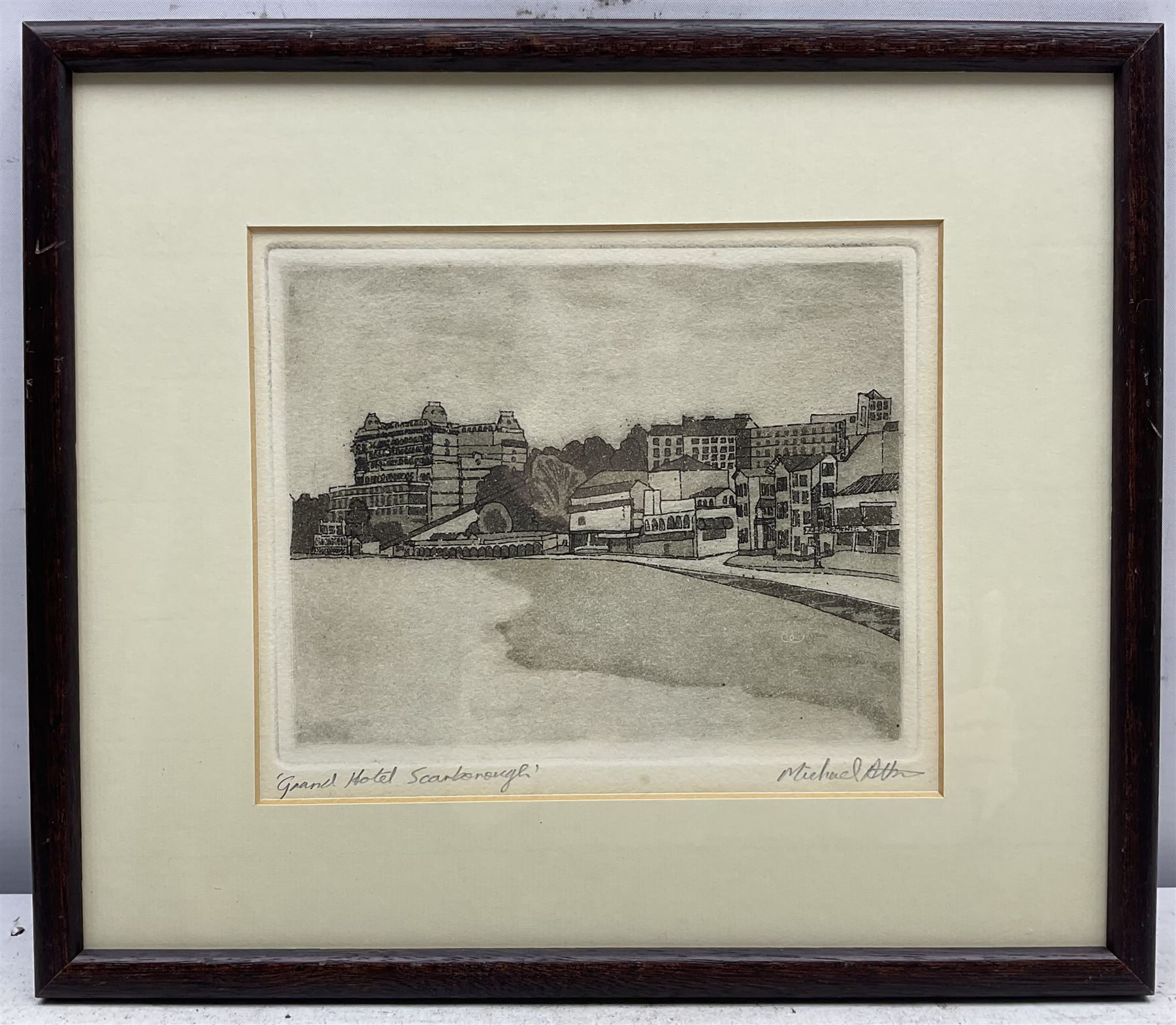 Michael Atkin (Scarborough 1952-): 'Castle by the Sea', 'Scarborough', 'Grand Hotel', and 'Market Place - Whitby', set four etchings with aquatint signed and titled in pencil 18cm x 14cm (4)