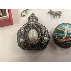 Faceted green glass scent bottle with brass cover, other scent bottles, pair of lorgnettes, Spode thimble, glass posy holder, etc 