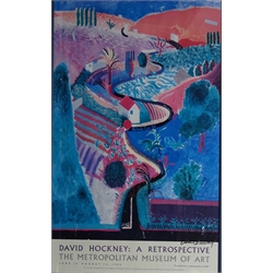  David Hockney (British 1937-): 'Nichols Canyon', original lithograph exhibition poster 'A Retrospective The Metropolitan Museum of Art' signed in pen by David Hockney 98cm x 60cm, smaller postcard version signed in the mount and Summer Garden, poster after same hand 46cm x 67cm (3)  Provenance: from the estate of Keith Beverley of Sandell, Flamborough  