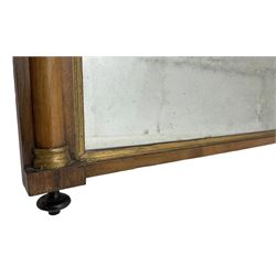 Early 19th century rosewood overmantel mirror, rectangular form with turned half pilasters, moulded gilt slip enclosing plain mirror plate, on turned feet