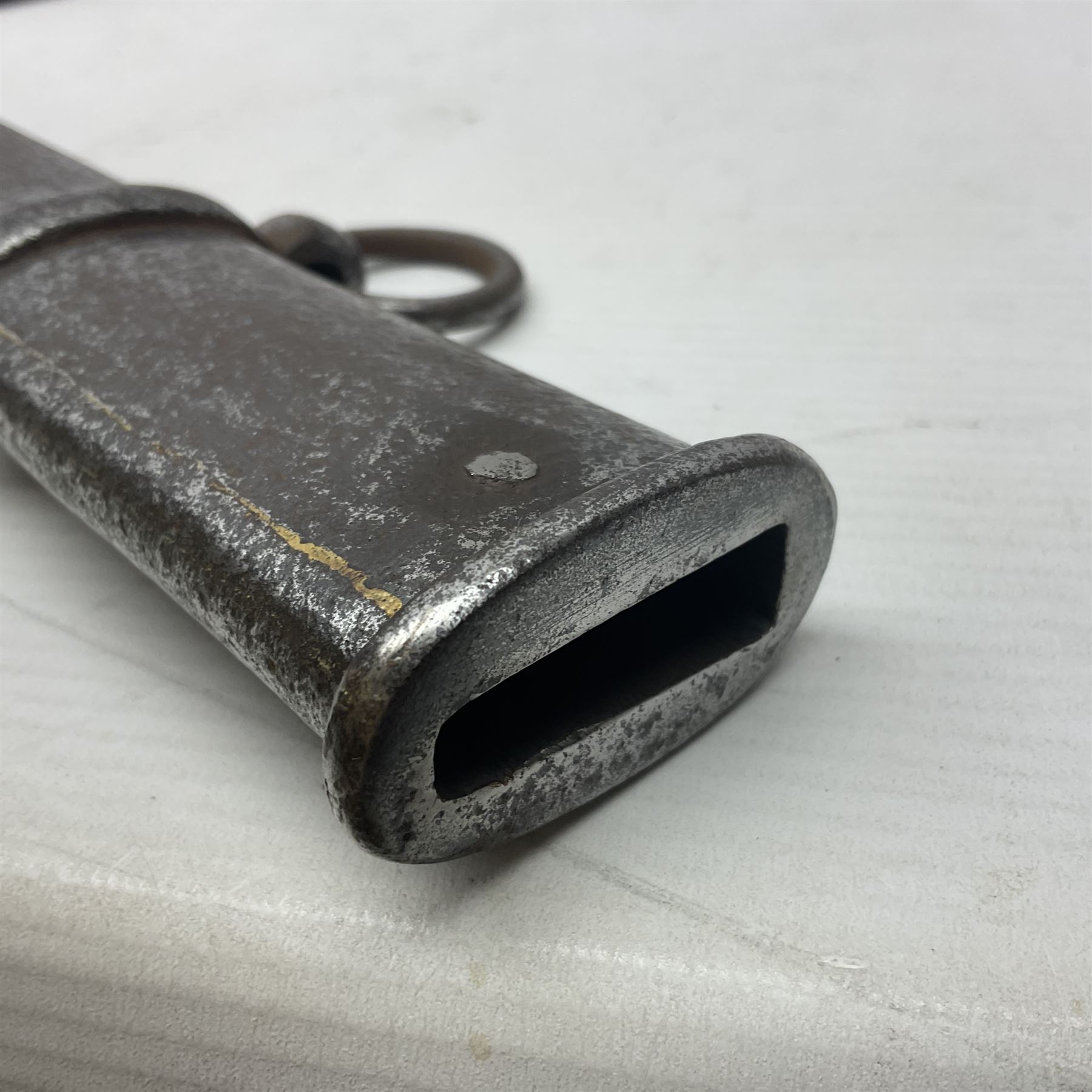 19th century French 1822 Pattern Light Cavalry trooper's sword with 88.5cm slightly curving fullered blade, brass three-bar hilt and wire-bound leather grip; in polished steel scabbard with two suspension rings L110.5cm overall