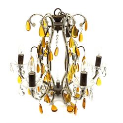 A Murano style chandelier, with six curved branches with frilled clear glass drip pans hung with clear droppers, the whole further decorated with beading detail and hung with amber droppers, approximately H82cm. 