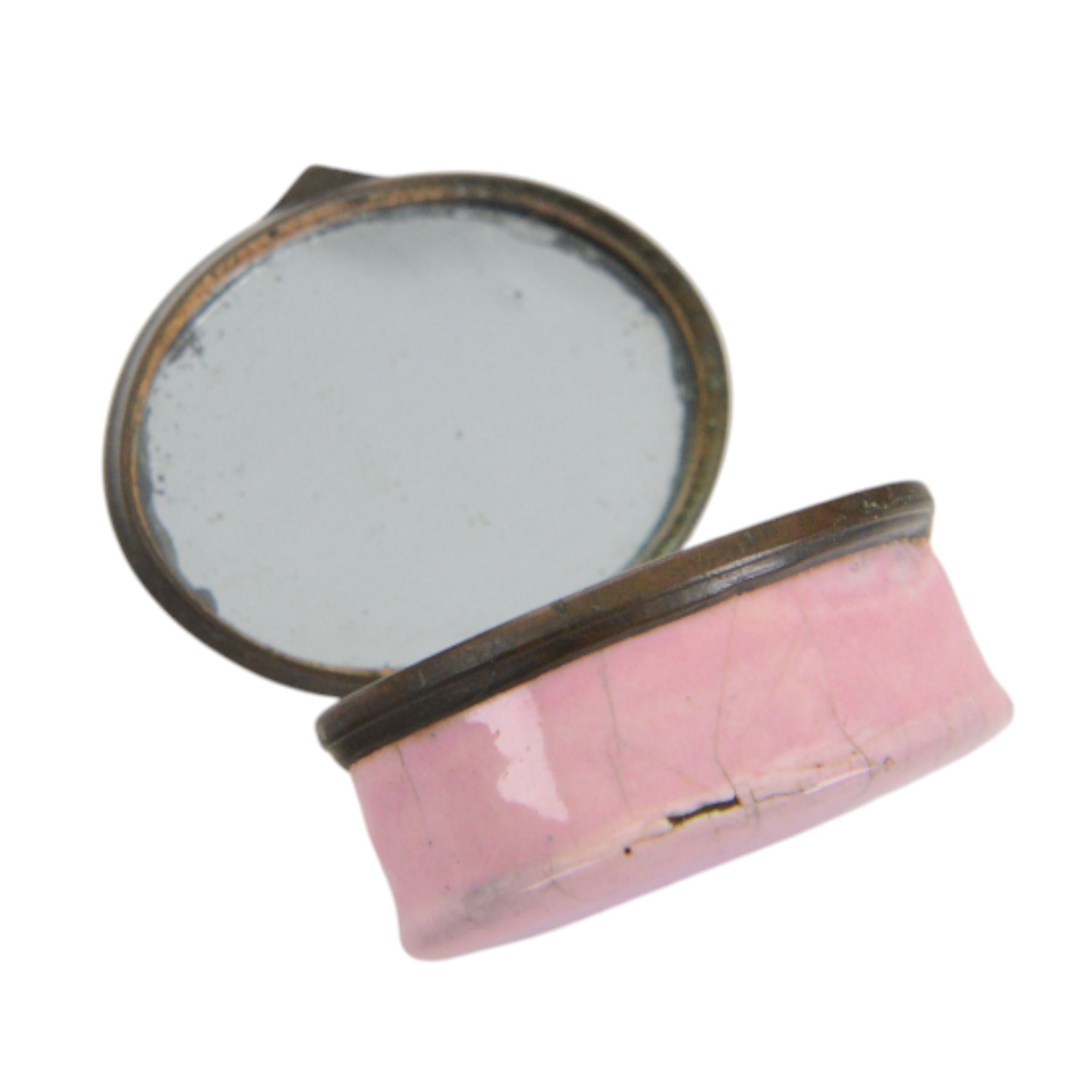 Four 18th/ early 19th century enamel snuff boxes, of oval form, with pictorial images and mottos to the hinged covers, comprising black and white printed figural scene, spray of flowers, Esteem the GIVER and Love the giver 