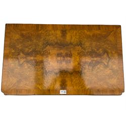 Queen Anne style figured walnut lowboy, moulded rectangular top with band,  over shaped apron fitted with two drawers, on cabriole supports