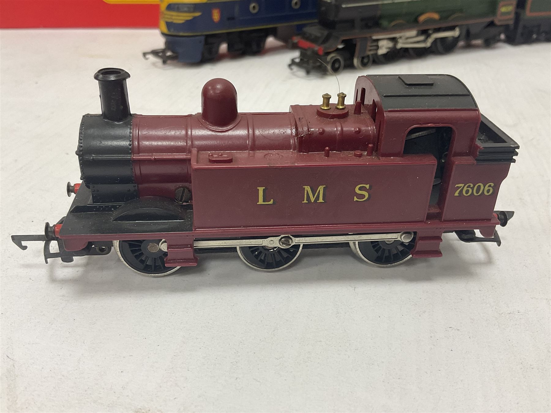 Hornby/Tri-Ang ‘00’ gauge - nine locomotives to include Britannia Class ‘Britannia’ 4-6-2 no.70000 in BR green; Class M7 4-4-0 Tank no.30027 in BR black; Princess Class ‘Princess Victoria’ 4-6-2 no.46205 in BR black; in original boxes; further loose models Princess Class ‘Princess Elizabeth’ 4-6-2 no.46201 in BR green; Class 3F 0-6-0 tank no.7606 in LMS crimson; TR double ended diesel locomotive; three further tank locomotives and one loose tender (10) 