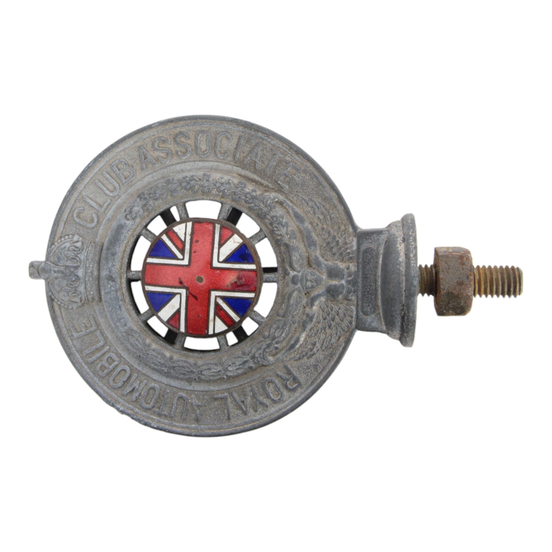 Two Royal Automobile Club Association car badges, each with central enamel Union Jack, largest H11.5cm