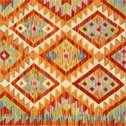 Two Chobi Kilim flatweave rugs, comprising the largest kilim on a cream ground with a grid of stepped diamond medallions in a palette of rust red, turquoise, green, ochre, and lilac,, filled lozenge motifs, framed by a cream ground border, 148x101cm, Chobi Kilim with multi-stepped diamond medallion with serrated bands, in terracotta, turquoise, green, saffron and blue, framed by a broad polychromed border of stylized guls and narrow guard stripes, 114x87cm 